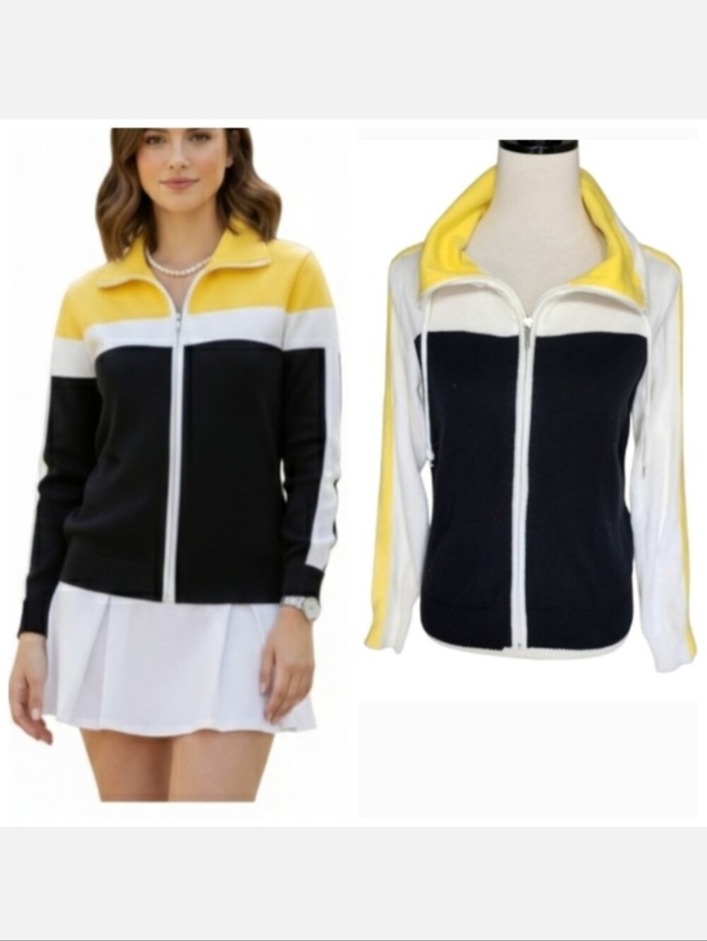 Chaps zip front cardigan sweater black white and yellow women's size small